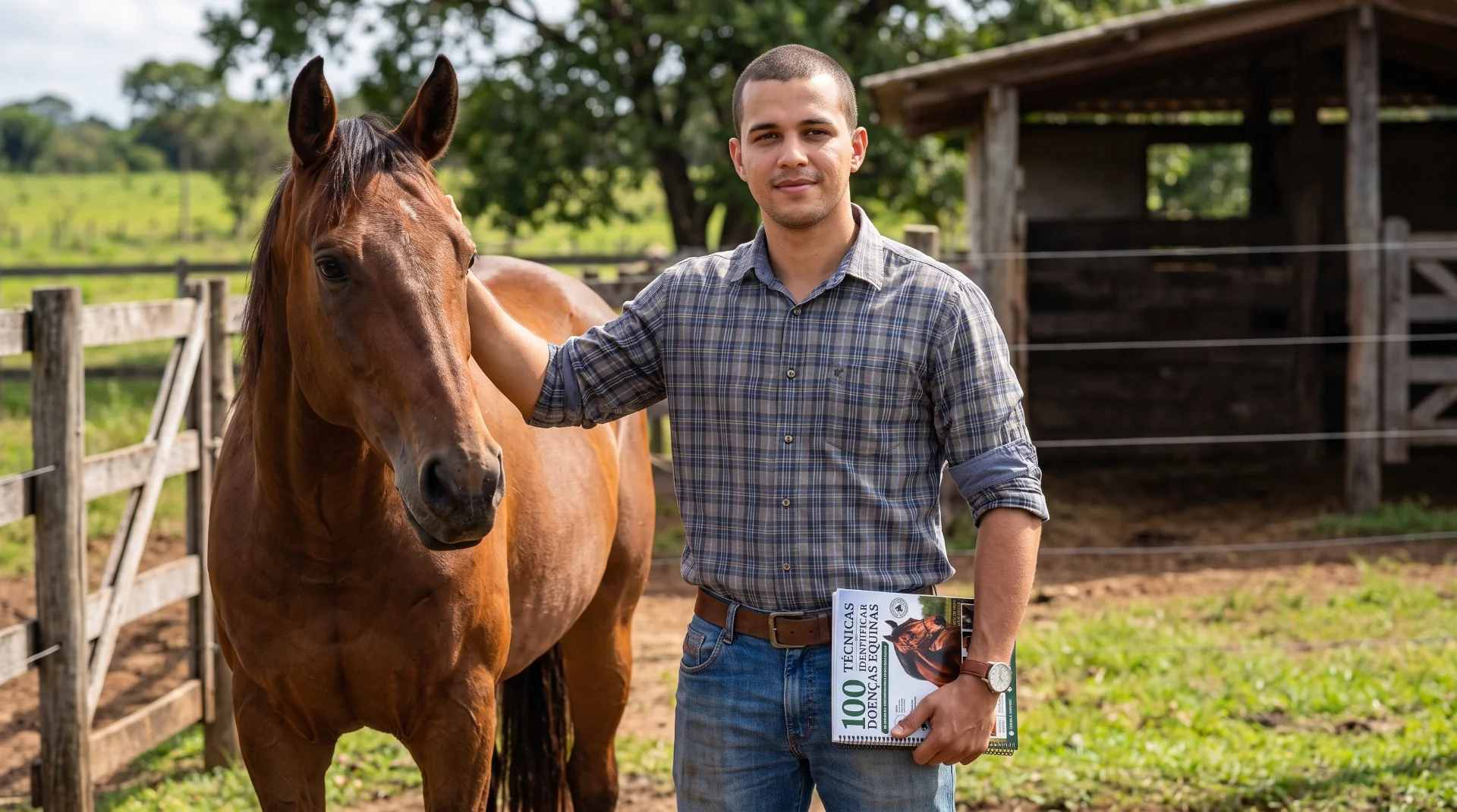 Veterinário segurando o material +100 Técnicas para Identificar Doenças Equinas ao lado de um cavalo